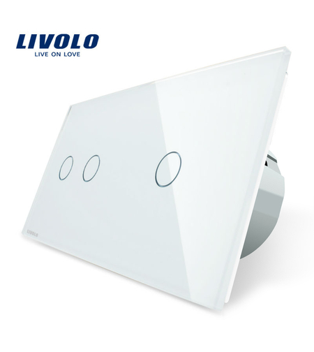 Intrerupator dublu + simplu cu touch Livolo din sticla, alb