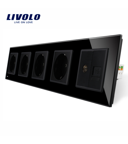 Priza cvintupla + priza TV Internet Livolo cu rama din sticla, negru