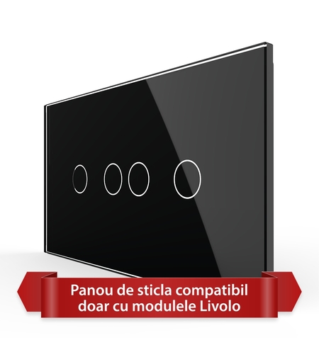 Panou Intrerupator Dublu + Dublu cu Touch LIVOLO din Sticla, Standard Italian - 4M, negru