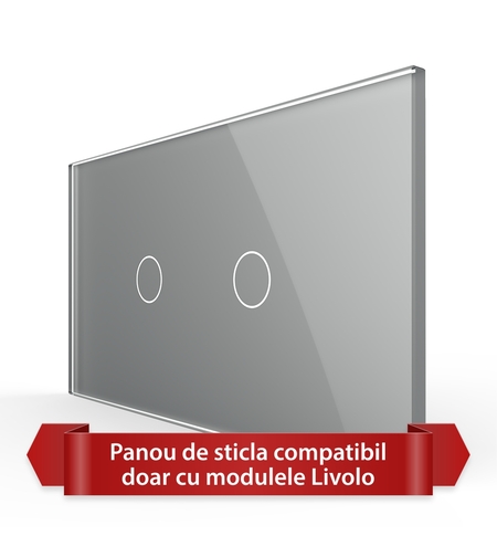 Panou Intrerupator Simplu + Simplu cu Touch LIVOLO din Sticla, Standard Italian - 4M, gri