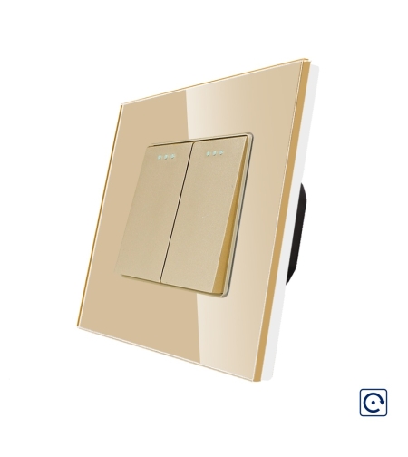 Intrerupator Dublu Mecanic cu Reset / Revenire LUXION cu Rama din Sticla, auriu