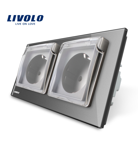 Priza dubla Livolo cu rama din sticla si capac de protectie rezistent la apa, gri