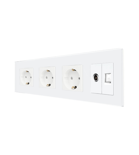Priza Tripla Schuko + TV + Internet cu Rama Din Sticla LUXION, alb