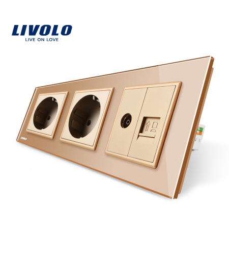 Priza tripla Livolo cu rama din sticla 2 prize simple+TV/internet, auriu