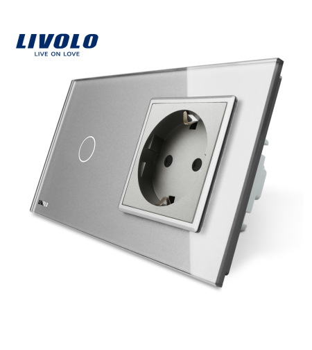 Intrerupator simplu cap scara / cap cruce + priza simpla Livolo rama din sticla, gri