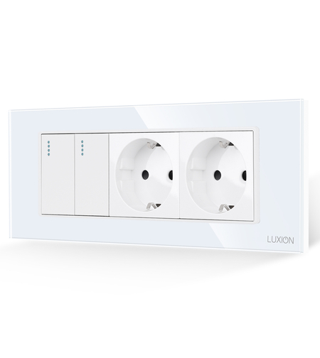 Intrerupator Dublu + 2 Prize cu Rama din Sticla LUXION, Standard Italian, 6M, alb