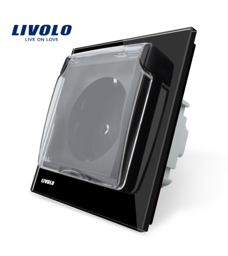 Priza simpla Livolo cu rama din sticla si capac de protectie rezistent la apa, negru