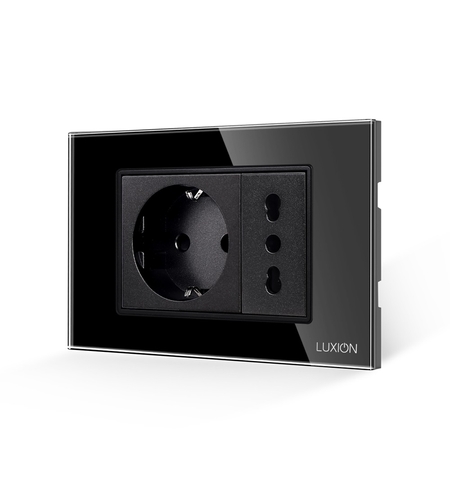 Priza Schuko + Universala Italiana cu Rama din Sticla LUXION, Standard Italian, 3M, negru