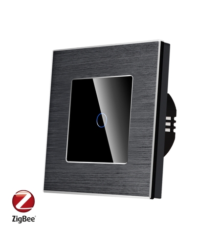 Intrerupator Simplu cu Touch din Sticla si Rama de Aluminiu LUXION, protocol Zigbee, negru