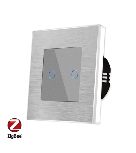 Intrerupator Dublu cu Touch din Sticla si Rama de Aluminiu LUXION, protocol ZigBee, gri