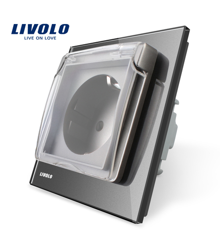 Priza simpla Livolo cu rama din sticla si capac de protectie rezistent la apa, gri