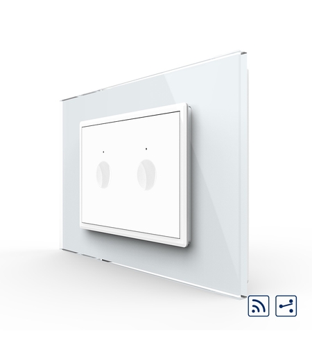 Intrerupator dublu cap scara / cap cruce wireless cu touch Livolo cu rama din sticla, standard Italian - Serie noua, alb