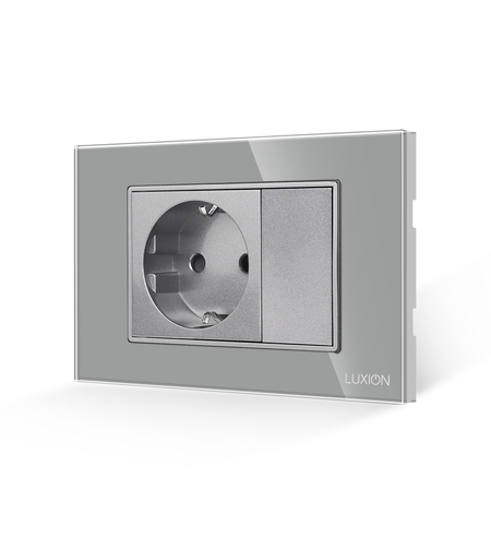 Priza Simpla si 1 Tasta Falsa cu Rama din Sticla LUXION, Standard Italian, 3M, gri