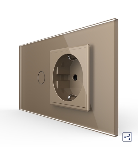 Intrerupator Simplu Cap Scara / Cruce + Priza LIVOLO cu Rama Din Sticla, Standard Italian, 4M, auriu