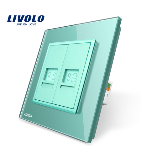 Priza dubla Telefon + Priza internet Livolo cu rama din sticla, verde