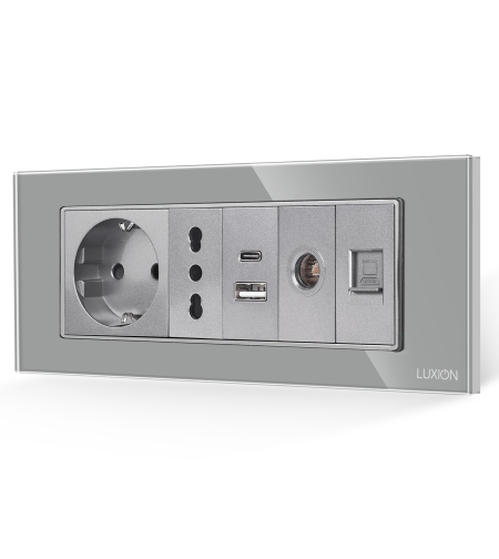 Priza Schuko + Ingusta + Dubla USB + TV + Internet cu Rama Din Sticla LUXION, Standard Italian, 6M, gri