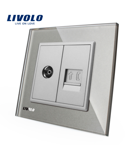 Priza dubla TV + Telefon Livolo cu rama din sticla, gri