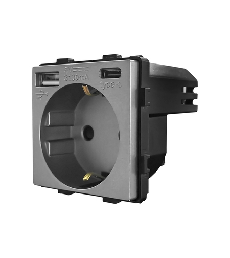 Modul Priza Simpla + USB-A + USB-C LUXION, gri