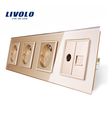 Priza cvadrupla Livolo cu rama din sticla 3 prize simple+TV/internet, auriu