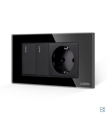 Intrerupator Dublu Cap Scara + Priza cu Rama din Sticla LUXION, Standard Italian, 4M, negru