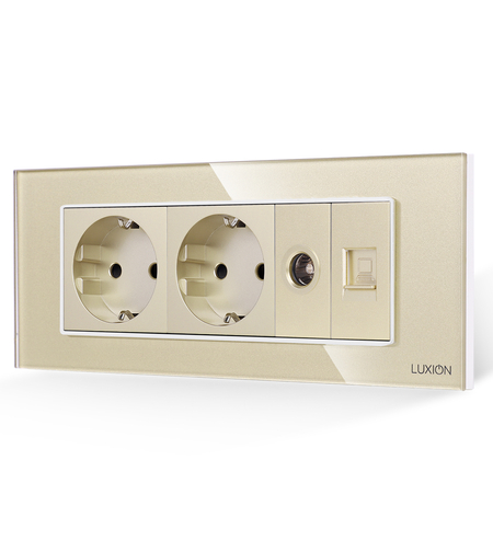 Priza Dubla Schuko + TV + Internet cu Rama din Sticla LUXION, Standard Italian, 6M, auriu