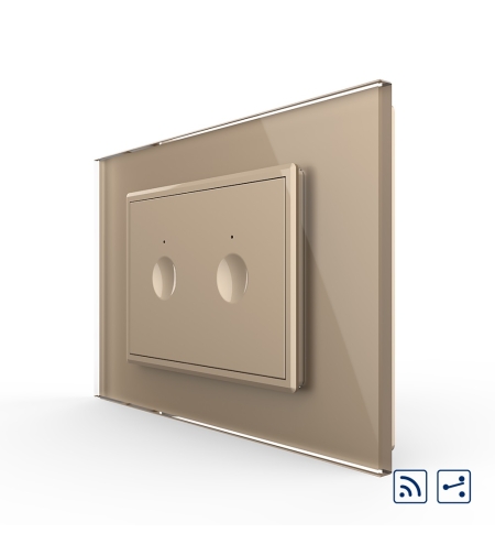 Intrerupator dublu cap scara / cap cruce wireless cu touch Livolo cu rama din sticla, standard Italian - Serie noua, auriu