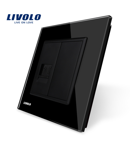 Priza simpla Telefon Livolo cu rama din sticla, negru