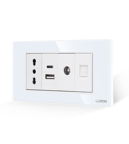 Priza Ingusta + Dubla USB + TV + Internet cu Rama Din Sticla LUXION, Standard Italian, 4M, alb