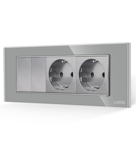 Intrerupator Dublu + 2 Prize cu Rama din Sticla LUXION, Standard Italian, 6M, gri