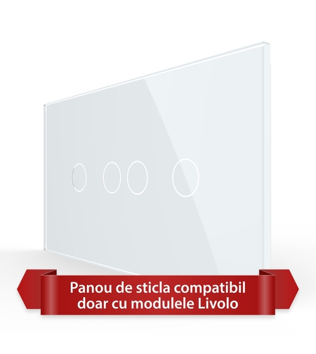 Panou Intrerupator Dublu + Dublu cu Touch LIVOLO din Sticla, Standard Italian - 4M, alb