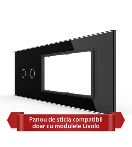 Panou Intrerupator Dublu cu 2 Prize LIVOLO din Sticla, Standard Italian - 6/7M, negru