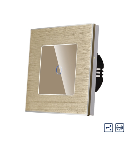 Intrerupator Simplu Cap Scara / Cruce cu Touch din Sticla si Rama de Aluminiu LUXION, RF433, auriu