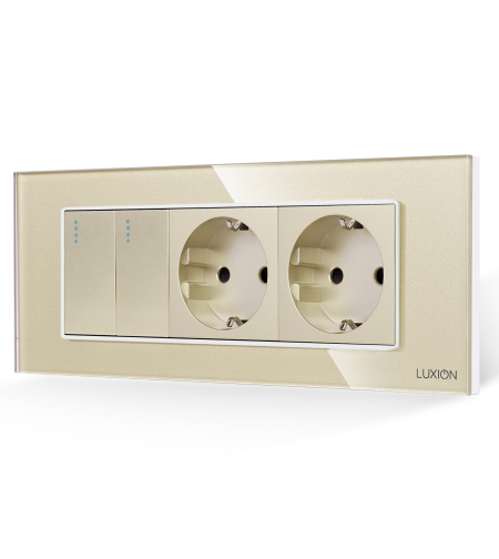 Intrerupator Dublu + 2 Prize cu Rama din Sticla LUXION, Standard Italian, 6M, auriu