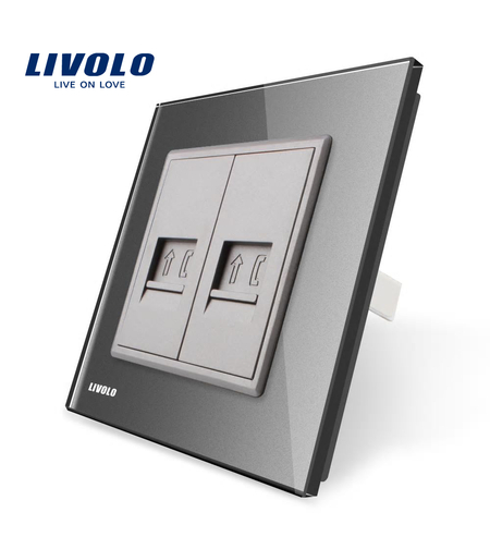 Priza dubla Telefon Livolo cu rama din sticla, gri
