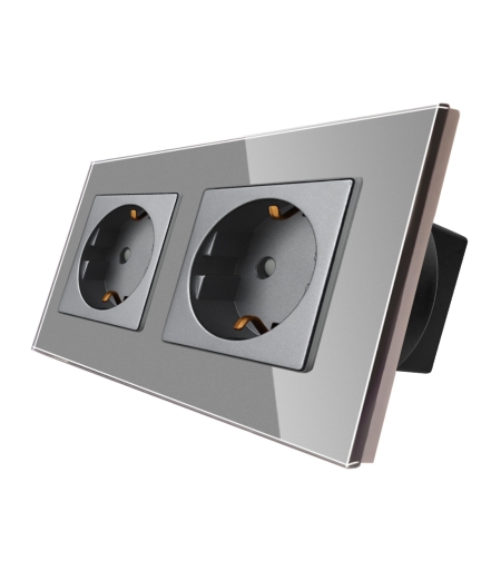 Priza Dubla cu Rama din Sticla LUXION, gri