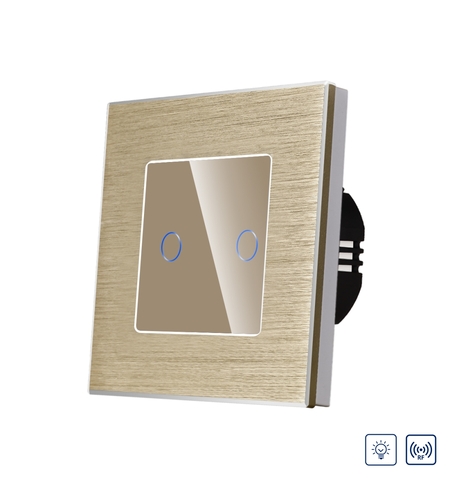 Intrerupator Dublu cu Variator si Touch din Sticla si Rama de Aluminiu LUXION, RF433, auriu