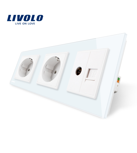 Priza tripla Livolo cu rama din sticla 2 prize simple+TV/internet, alb