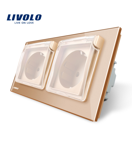 Priza dubla Livolo cu rama din sticla si capac de protectie rezistent la apa, auriu