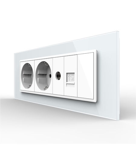 Priza Tripla cu Blank Livolo cu Rama din Sticla 2 Prize Schuko+TV/internet, Standard Italian - Serie Noua, alb