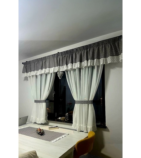 Set perdea bucătătie cu inimioare alb-gri