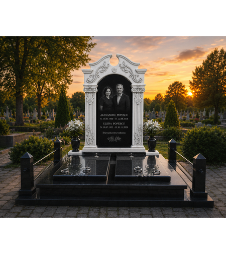 REF-2037 MORMANT DUBLU DIN GRANIT NEGRU CU MONUMENT FUNERAR SCULPTAT DIN MARMURA