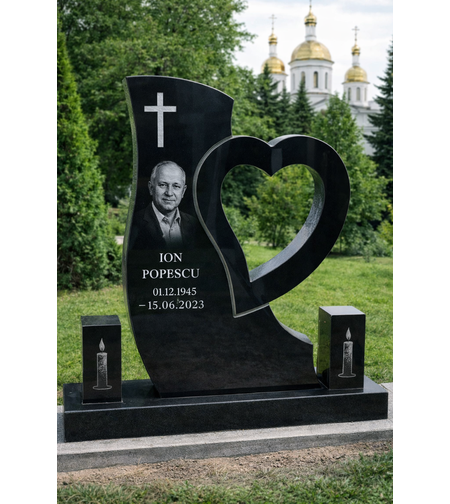 GRA-1823 CRUCE GRANIT NEGRU CU DECUPAJ INIMA