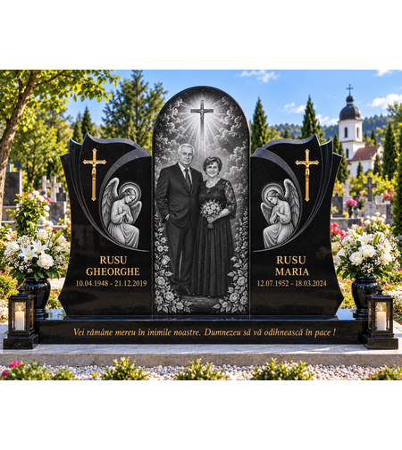GRA-2072 MONUMENT FUNERAR GRANIT NEGRU TRIPLU CU DESIGN DEOSEBIT