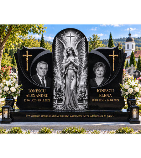 GRA-2073 MONUMENT FUNERAR GRANIT NEGRU TRIPLU CU GRAVURA INGER