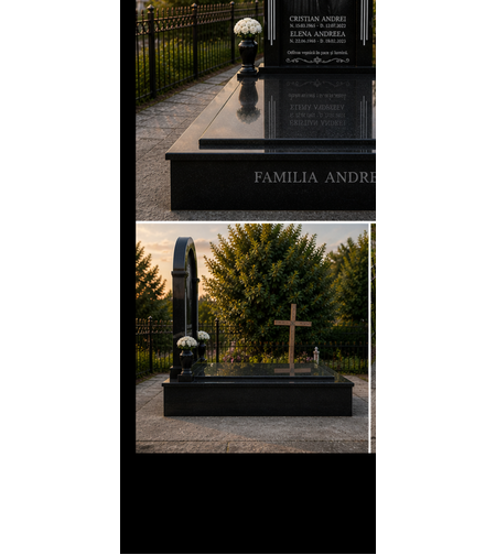 PRM-1912 MORMANT DIN GRANIT NEGRU CU MONUMENT ARCADA SI GRAVURA LASER PROFESIONALA