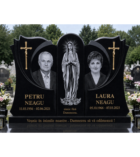 GRA-2067 MONUMENT FUNERAR TRIPLU DEOSEBIT DIN GRANIT NEGRU