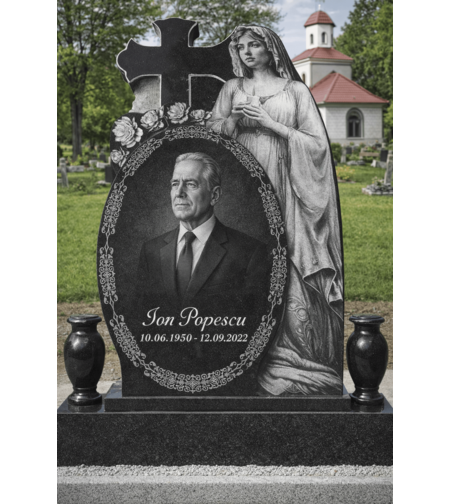 GRA-1822 CRUCE GRANIT CU GRAVURA COMPLEXA MAICA DOMNULUI