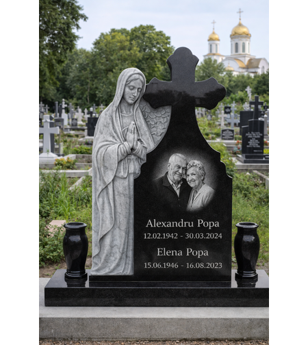 GRA-1857 MONUMENT FUNERAR GRANIT NEGRU CU SCULPTURA MAICA DOMNULUI RUGACIUNE