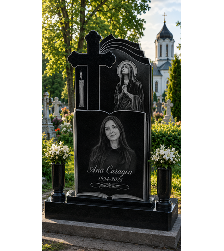 GRA-2053 MONUMENT FUNEAR DIN GRANIT NEGRU  CU MAICA DOMNULUI GRAVAT