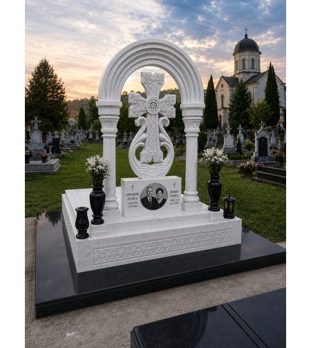 REF-2031  MORMANT DIN MASIV DE MARMURA CU MONUMENT FUNERAR MARMURA ALBA SCULPTAT